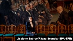 Svetlana Țihanovskaia în timpul unei conferințe de presă la castelul Christiansborg, Copenhaga, înainte de anunțarea câștigării premiului Saharov, 22 octombrie 2020