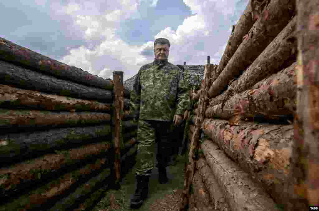 Ukrainian President Petro Poroshenko inspects fortifications of Ukrainian forces during his visit to the Mariupol district in the Donetsk region. (TASS/Mykhailo Palynchak/Ukrainian Presidential Press Service)