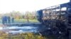 Photos from the scene showed a burned-out bus on its side and an overturned Kamaz truck.