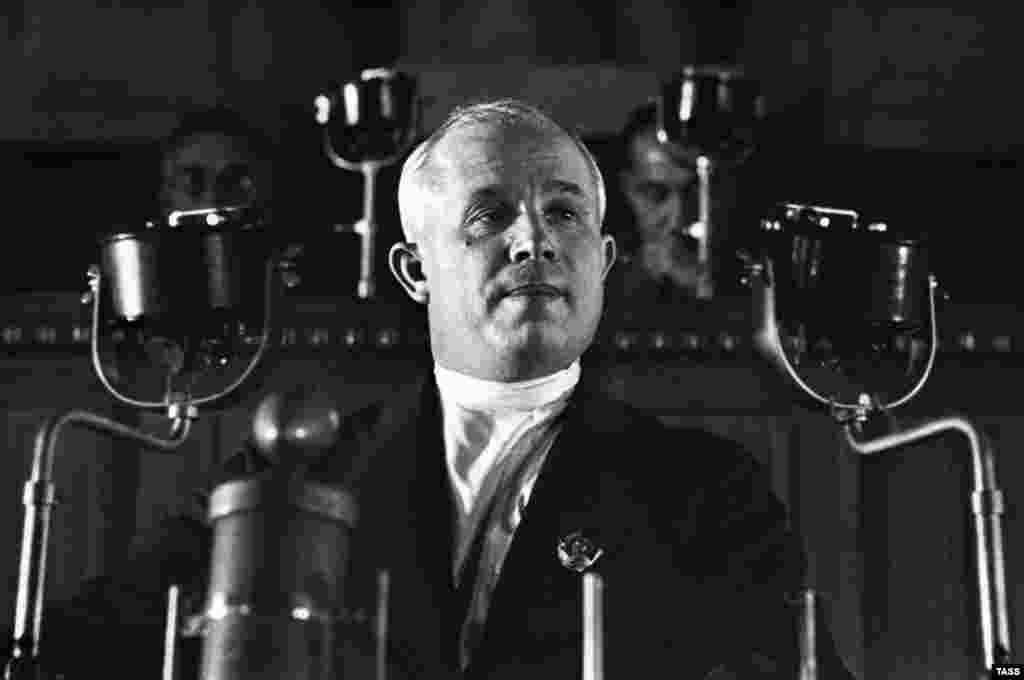 A young Nikita Khrushchev speaks at the Eighth Extraordinary Congress of Soviets on December 5th, 1936. In 1931, he began to work full-time for the Communist Party, rising through its ranks to become first secretary of the Moscow City Party Committee in 1938. The following year he became a member of the Politburo, the highest decision-making body of the Communist Party.