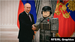 Коллаж: Путин и солдат Roblox
