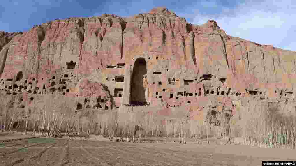 The empty space where a Buddha statue once stood in Bamiyan as it appeared in February 2021.
