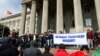 Supporters of Sadyr Japarov, a candidate for the post of interim prime minister, attend a rally in Bishkek on October 8.