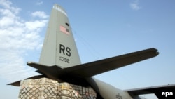 A U.S. military airplane delivers humanitarian aid in Georgia.