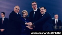 The prime ministers of Romania (Viorica Dancila, 2nd left), Bulgaria, (Boyko Borisov, left), and Greece (Alexis Tsipras, right) meet with Serbian President Aleksandar Vucic in Belgrade on December 22. 