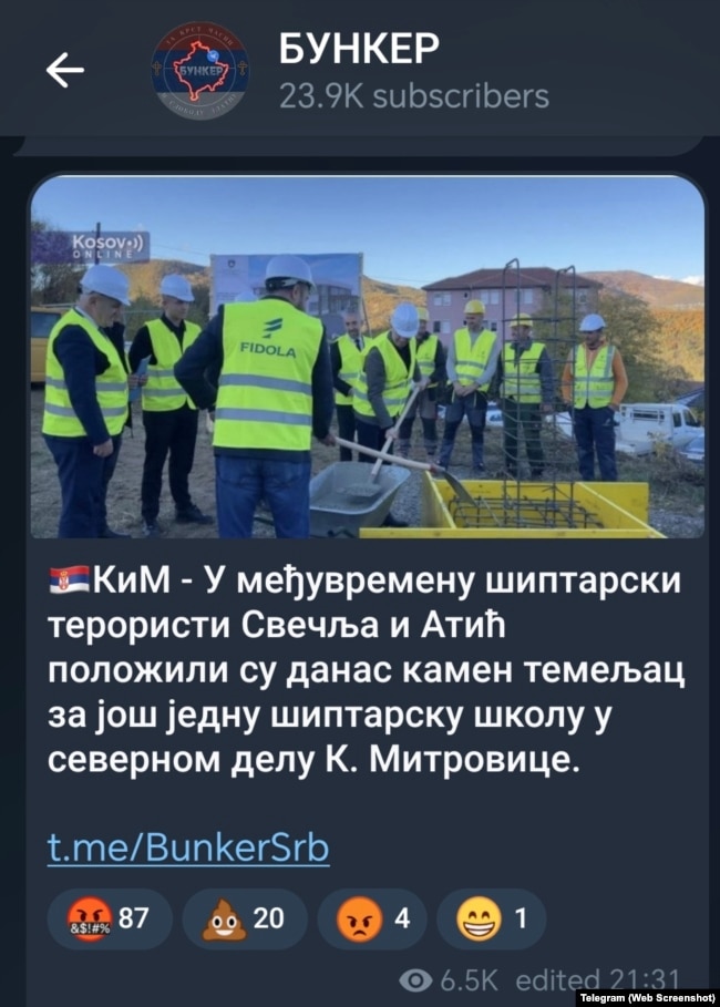 Një nga postimet në Telegram lidhur me vendosjen e gurthemelit për ndërtimin e një shkolle në Mitrovicë të Veriut.
