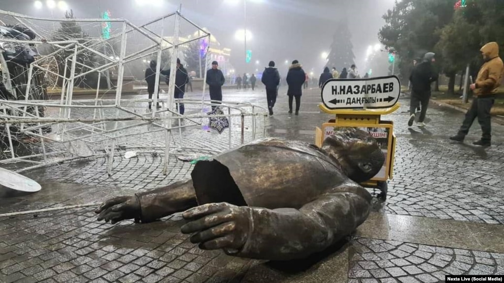 A demolished statue of former Kazakh President Nursultan Nazarbaev in Taldyqorghan, Kazakhstan.