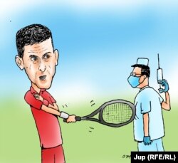 Novak Djokovici este un anti-vaccinist convins. El consideră că ar fi trebuit primit la Australian Open doar în baza dovezii că a trecut prin boală. Caricatură realizată de Jup, caricaturistul Europei Libere.