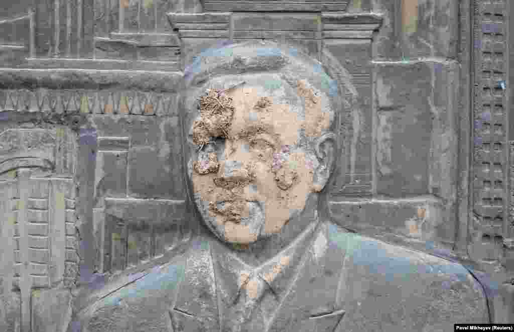 A detail of a public monument in Almaty depicting Kazakhstan&#39;s first president, Nursultan Nazarbaev, which was smeared with mud during the recent protests.&nbsp;