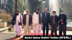 Taliban Foreign Minister Amir Khan Muttaqi (third from left) and other Taliban representatives met with Iranian officials along with Afghan resistance leaders in Tehran.