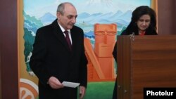 Nagorno-Karabakh - Bako Sahakian, the Karabakh president, at a polling station in Stepanakert, 20Feb2017.