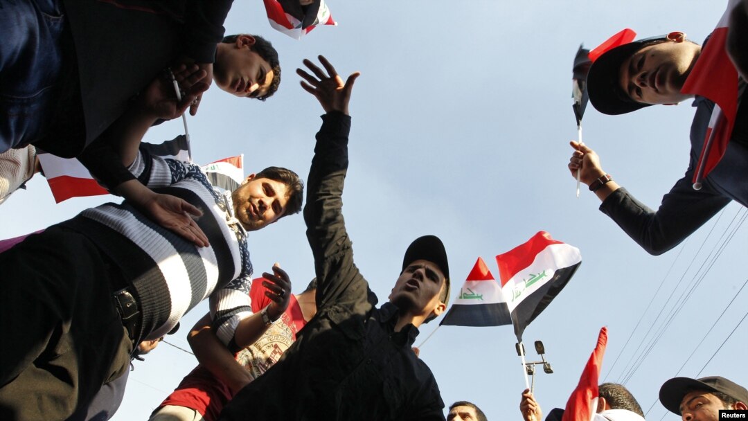 Supporters of Iraqi cleric Muqtada al-Sadr demonstrate in Baghdad on February 8.