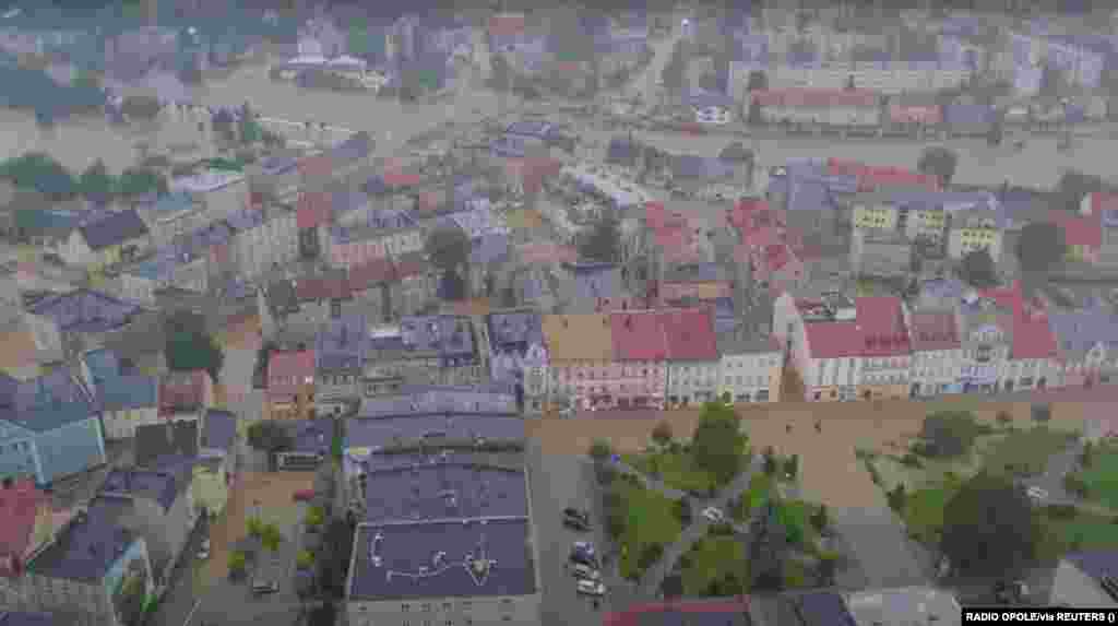 A drone captures the flooded landscape in&nbsp;Glucholazy, southwestern Poland. &nbsp;