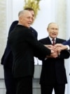 Церемонія оголошення анексії Росією чотирьох українських територій у Москві, вересень 2022 року. На фото: очільник Кремля Володимир Путін з Володимиром Сальдо, Євгеном Балицьким, Денисом Пушиліним та Леонідом Пасічником