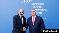 Hungary/Armenia - Viktor Orban, Prime Minister of Hungary, welcomes Nikol Pashinian, Prime Minister of Armenia, in Budapest, in the framework of the European Political Community Summit, November 7, 2024.