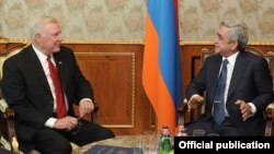 Armenia - President Serzh Sarkisian (R) meets with U.S. Congressman Dan Burton in Yerevan, 6Sept2012.