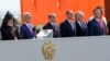 Armenia - Businessman Gagik Tsarukian (R) stands alongside President Serzh Sarkisian and other officials during the celebration of Republic Day at the Sardarapat war memorial, 28May2013.