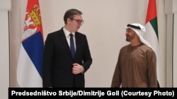 Predsednik Srbije Aleksandar Vučić sa aktuelnim predsednikom Ujedinjenih Arapskih Emirata i vladarom Abu Dabija šeikom Muhamedom bin Zajedom al Nahjanom tokom posete UAE, 11. marta 2021. 