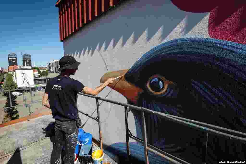 Artisti amerikan, Zane Prater, duke pikturuar një mural, më 19 shtator.