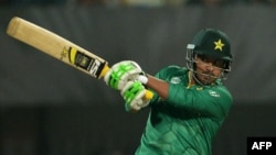 Pakistan's Sharjeel Khan plays a shot during the World T20 cricket tournament match between India and Pakistan at The Eden Gardens Cricket Stadium in Kolkata in March.