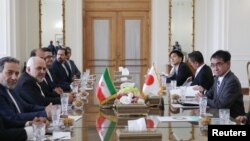 Iranian Foreign Minister Mohammad Javad Zarif meets with Japanese Foreign Minister Taro Kono and officials in Tehran, Iran June 12, 2019. Hamed Malekpour /Tasnim News Agency/via REUTERS 