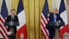 US President Donald Trump (R) and French President Emmanuel Macron hold a joint press conference in the East Room to the White House in Washington, DC, on February 24, 2025. (Photo by Ludovic MARIN / AFP)