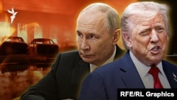 The war in Ukraine, US President Donald Trump, and Russian President Vladimir Putin, collage, cover for Azattyq