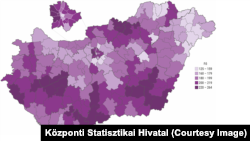 65 év feletti lakosok száma ezer emberre vetítve. Minél sötétebb lila az adott járás vagy kerület, annál magasabb az ott lakó 65 felettiek aránya.