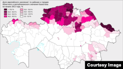 Частка «європейського населення» (росіян, українців, білорусів, поляків і німців) у регіонах Казахстану; місто Ріддер – у найтемнішій ділянці на сході країни, де частка росіян найвища