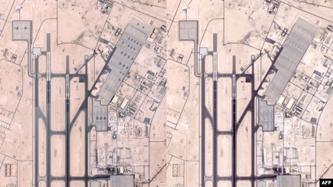 Ky kombinim fotografish satelitore tregon se më 5 qershor (pamja majtas) ka pasur aeroplanë ushtarakë në bazën ajrore Al Udeid në Katar, ndërsa më 20 qershor (pamja djathtas) nuk ka pasur aeroplanë në bazë.
