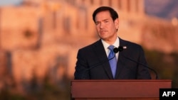 US Secretary of State Marco Rubio speaking at the Pnyx hill in Athens on October 7