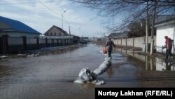 Подтопленная улица в селе Узынагаш в Жамбылском районе Алматинской области. 28 февраля 2018 года.