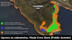 Infografika parcela u vlasništvu kompanija koje se dovode u vezu sa Olegom Deripaskom, Kotor, Crna Gora (mapa preuzeta s Geoportala Uprave za nekretnine)