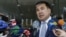Mikheil Saakashvili speaks with journalists after meeting with members of Ukraine's Servant of the People parliament fraction in Kyiv on April 24.