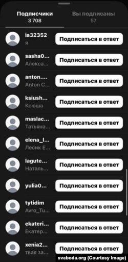 Скрыншот, на якім бачныя масавыя падпіскі пустых акаунтаў на профіль папулярнага беларускага аўтара ў Threads