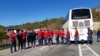 Red Star Belgrade players wait at the Jarinje border crossing in northern Kosovo on October 9.