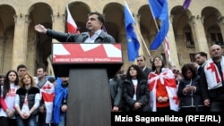 Georgian President Mikheil Saakashvili addresses the crowd at a rally of United National Movement party supporters in Tbilisi on April 19.