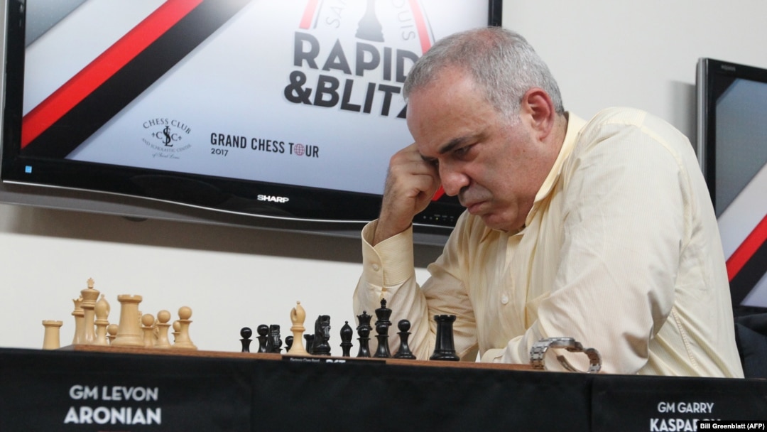 Former world champion chess player Garry Kasparov plays fellow grandmaster Levon Aronian at the Grand Chess Tour at the Chess Club and Scholastic Center in St. Louis on August 15.