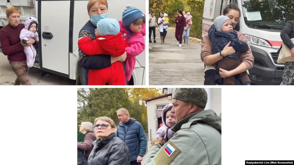 Працівниці Херсонського будинку дитини виносять його вихованців. На фото знизу зліва направо: Тетяна Завальська, заст. директора сімферопольського дитячого будинку «Елочка» Маргарита Суслова, «заст. міністра охорони здоров’я» Криму Антон Лясковський, рос. депутат Ігор Кастюкевич