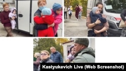 Сотрудницы Херсонского дома ребенка выносят его воспитанников. На фото внизу слева направо: Татьяна Завальская, замдиректора симферопольского детского дома "Елочка" Маргарита Суслова, "замминистра здравоохранения" Крыма Антон Лясковский, российский депутат Игорь Кастюкевич