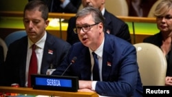 Serbian President Aleksandar Vucic addresses the United Nations General Assembly before voting on a UN resolution to create an international day to commemorate the Srebrenica genocide. (file photo)