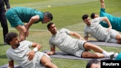 Iran's World Cup soccer team work out at its training base in Tijuana, Mexico, on June 11.