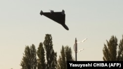 An Iranian-made kamikaze drone approaches for an attack in Kyiv on October 17. 