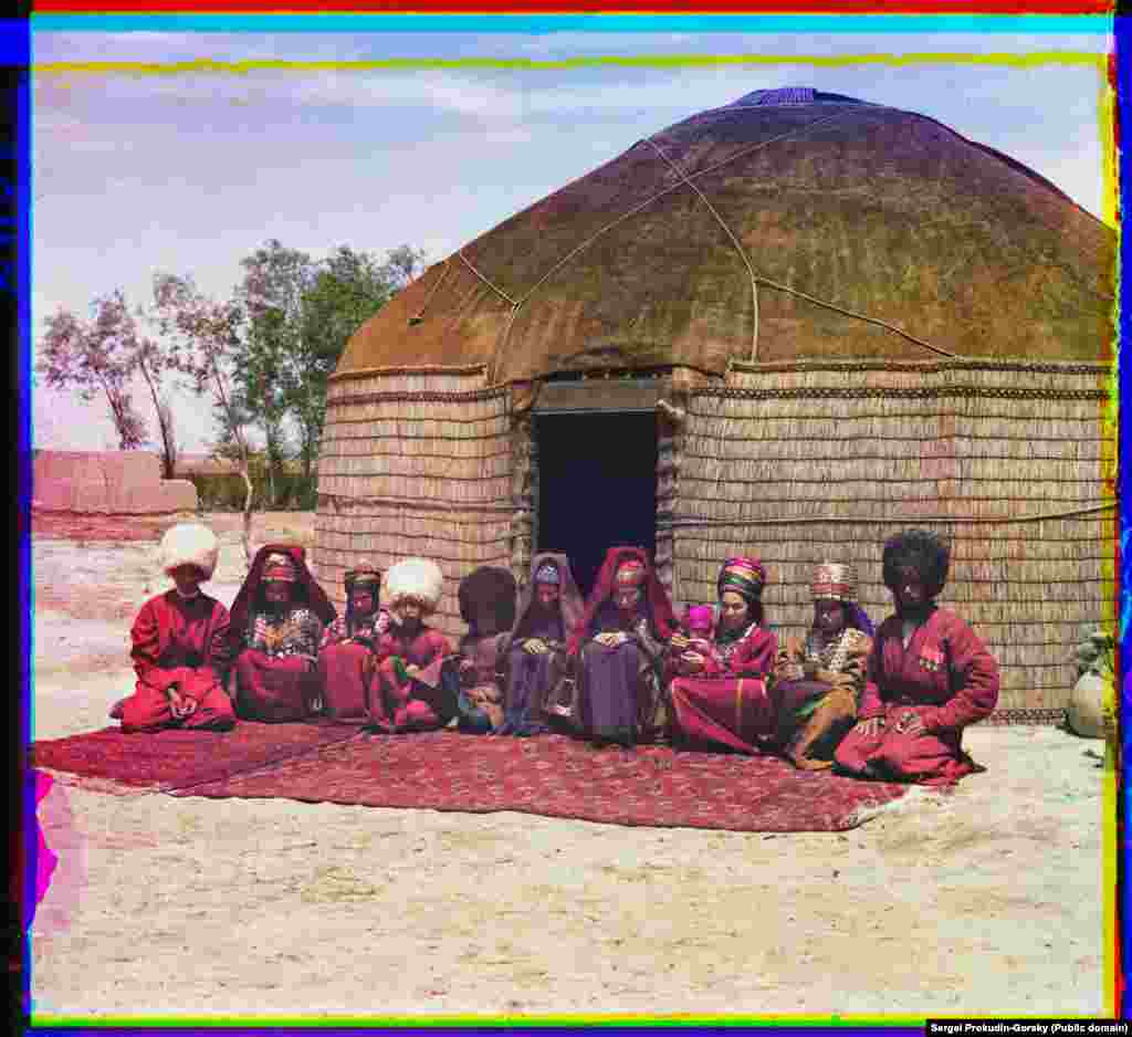 A family of Turkmen pose in front of their yurt near Bayramaly. &nbsp;