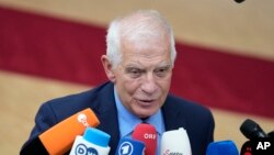 Belgium - European Union foreign policy chief Josep Borrell speaks with the media as he arrives for an EU summit at the European Council building in Brussels, June 29, 2023. 