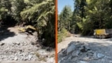 Багери и камиони на брегот на реката Дошница, на планината Кожуф. 