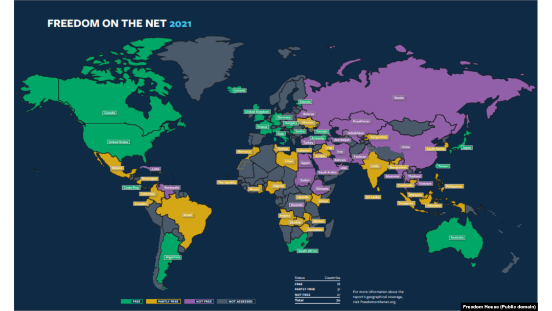 Harta țărilor în funcție de nivelul de libertate la internet: Freedom House cataloghează țările drept: libere, parțial libere sau deloc libere.