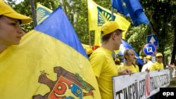 Representatives of the Our Moldova alliance rally in downtown Chisinau.