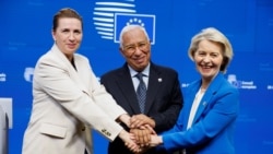 Denmark's Prime Minister Mette Frederiksen, European Council President Antonio Costa and European Commission President Ursula von der Leyen hold a press conference during a European Union leaders' summit, in Brussels