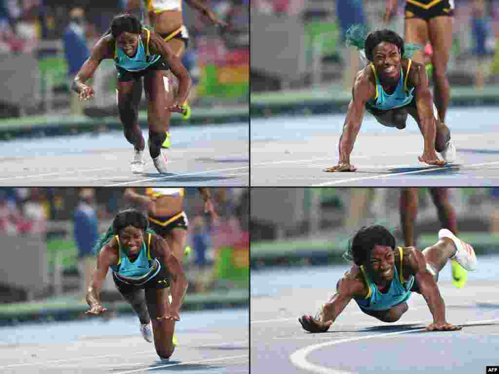 ورزشکار زن باهامایی برای زودتر رد شدن از خط پایان خودش را پرت می&zwnj;کند.